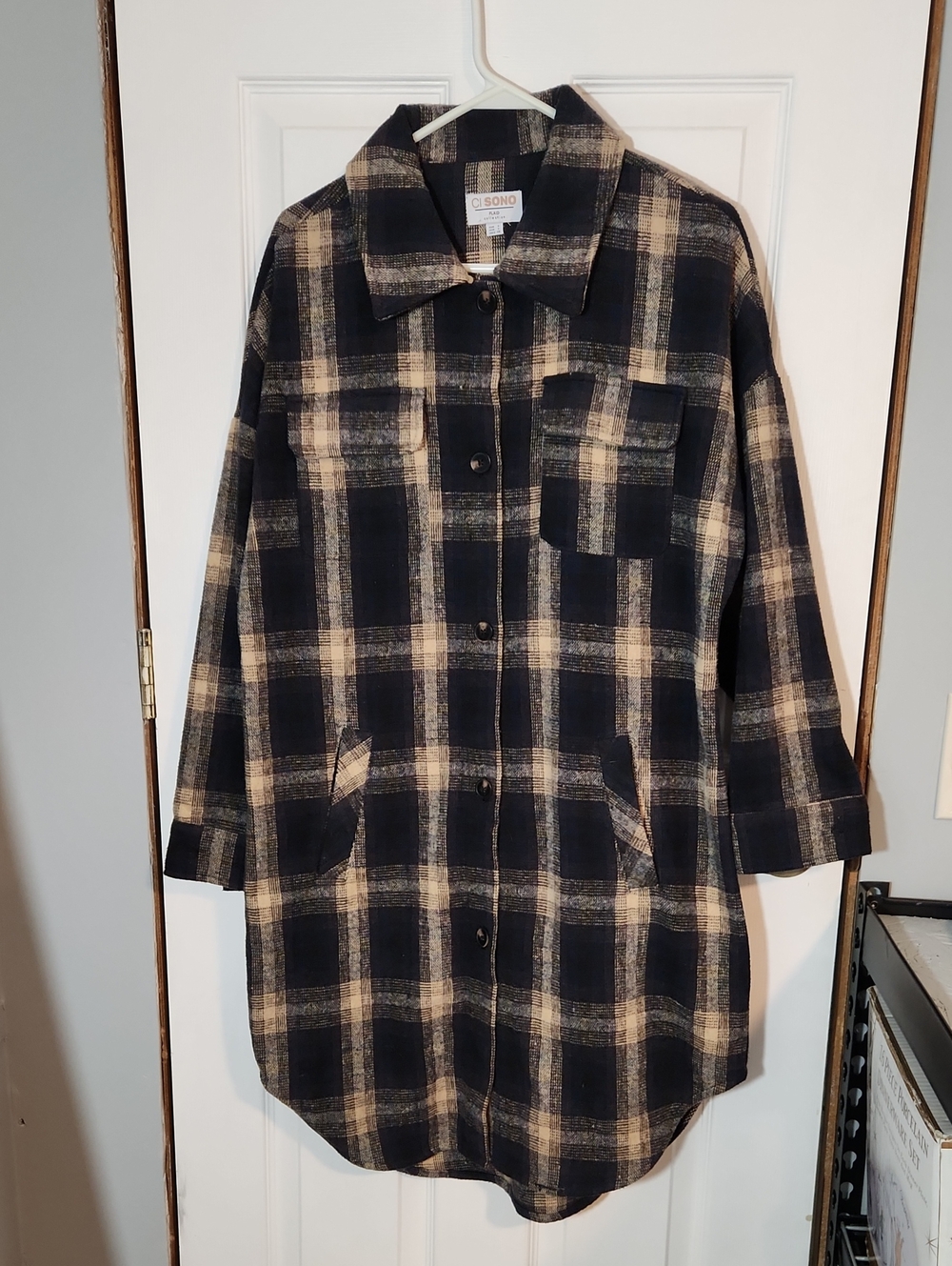 Black, Navy and Cream Plaid Longline Shacket
